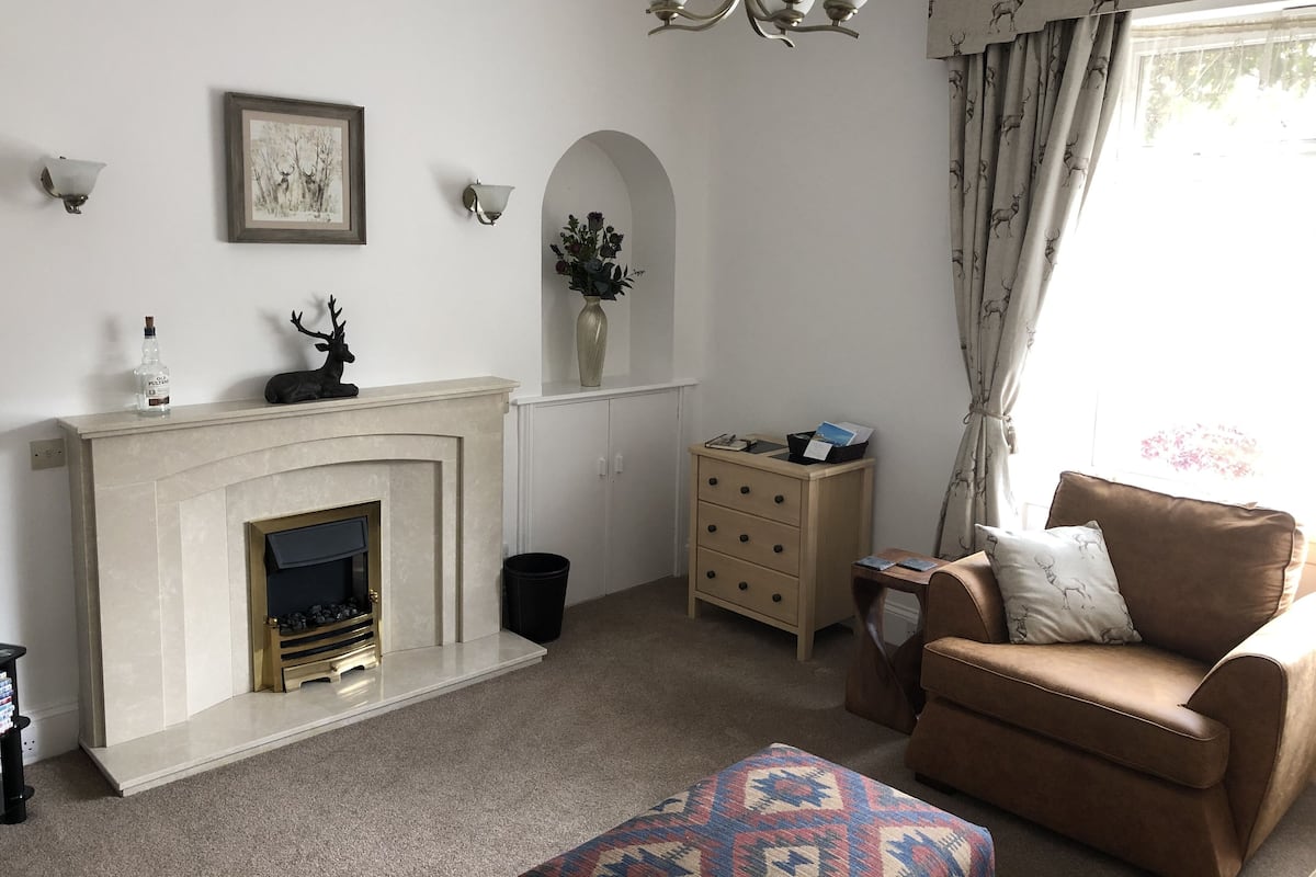A living room with a fireplace, a sofa, a patterned rug, and a window with curtains.