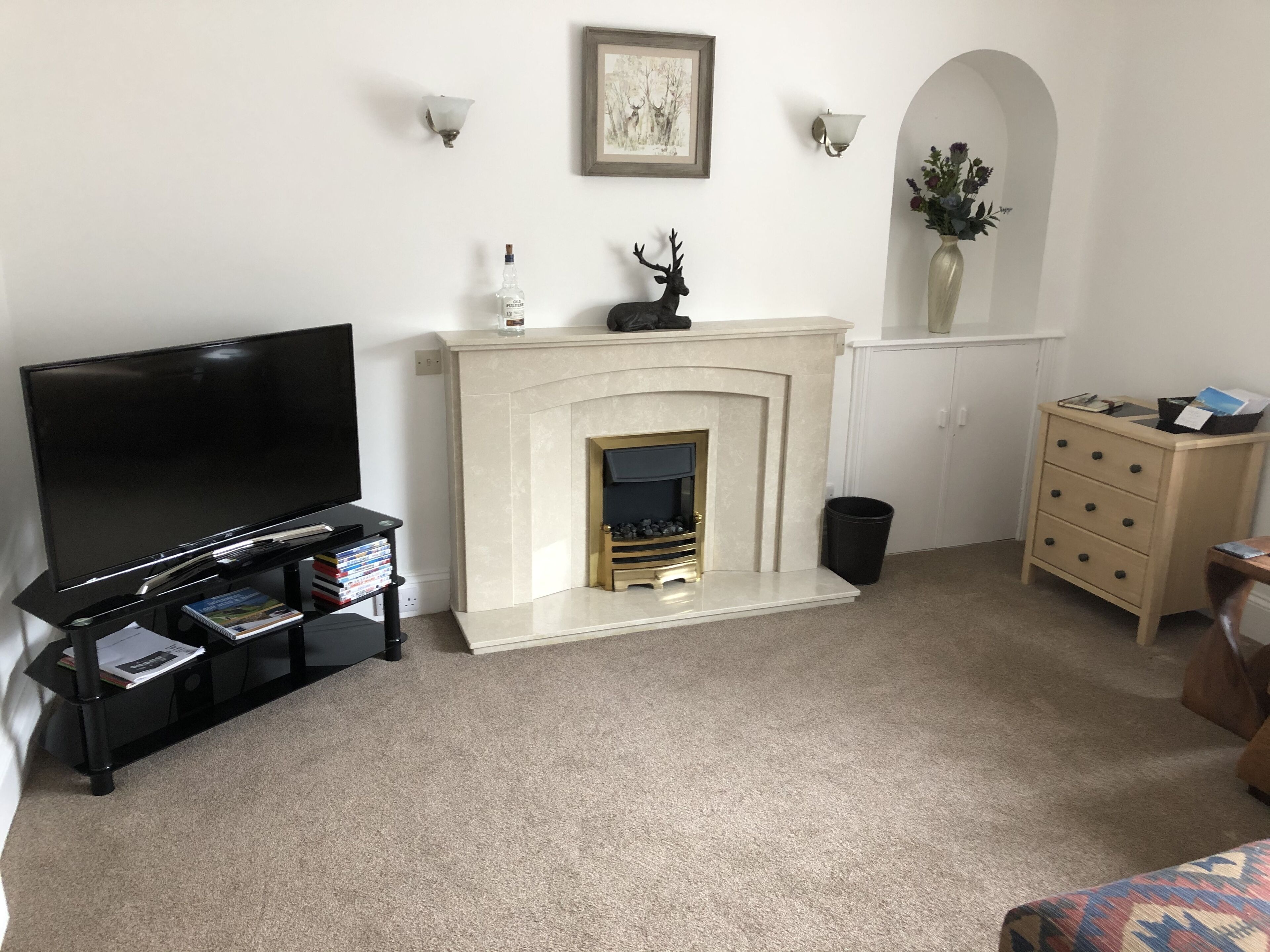 A living room with a flat-screen TV, a fireplace, a bookshelf, and a vase with flowers.