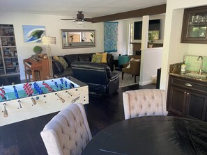 Smart TV, fireplace, video games, DVD player