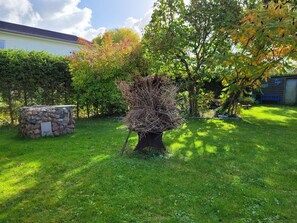 A stone-built outdoor area with a tree, a bench, and a small shed. - Holiday family Seebach - holiday apartment (Altefähr)