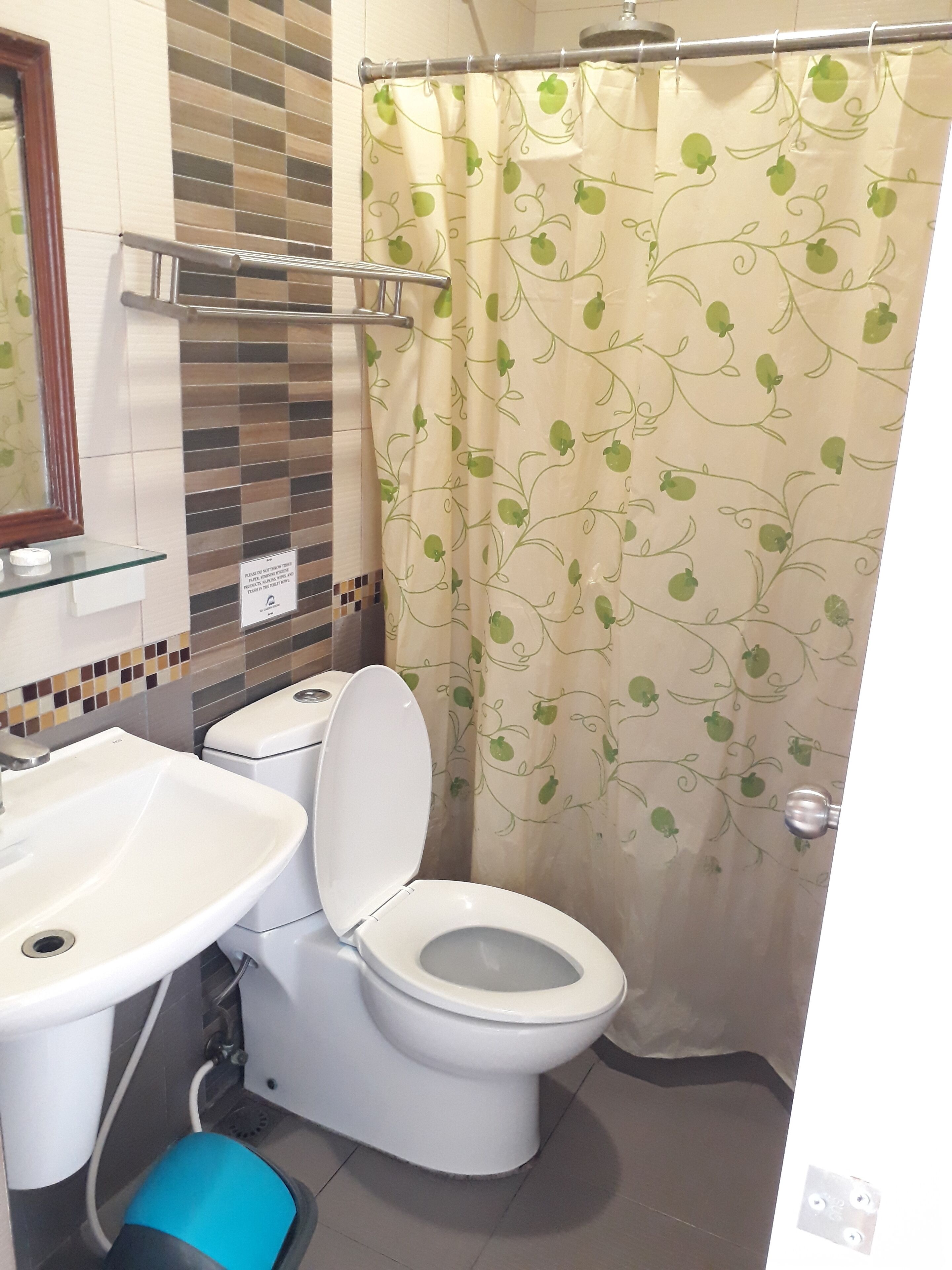 A bathroom with a toilet, sink, and shower curtain.