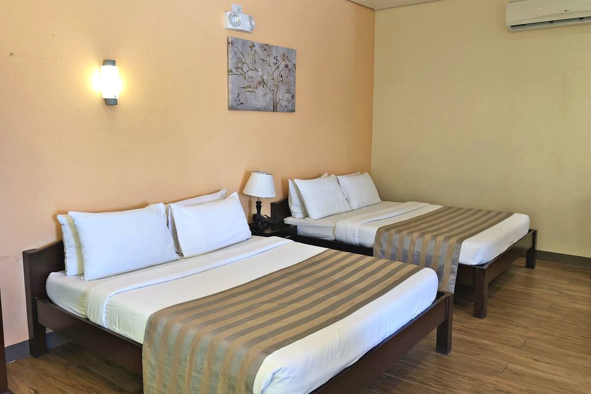Une chambre d’hôtel avec deux lits, une table de chevet avec une lampe, un climatiseur fixé au mur et un tableau au-dessus des lits.