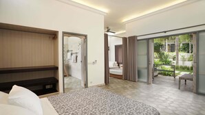 Una habitación de hotel moderna con cama, armario, baño con ducha y balcón con plantas.