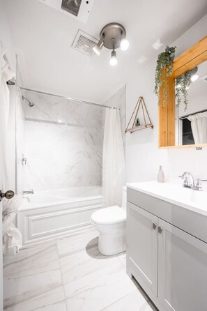 Combined shower/bathtub, hair dryer