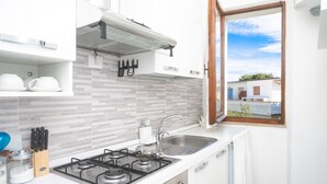 Eine moderne Küche mit Gaskochfeld, Spüle und einem Fenster mit Blick auf Gebäude.