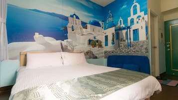 Individually decorated, individually furnished, desk, rollaway beds