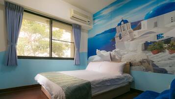 Individually decorated, individually furnished, desk, rollaway beds