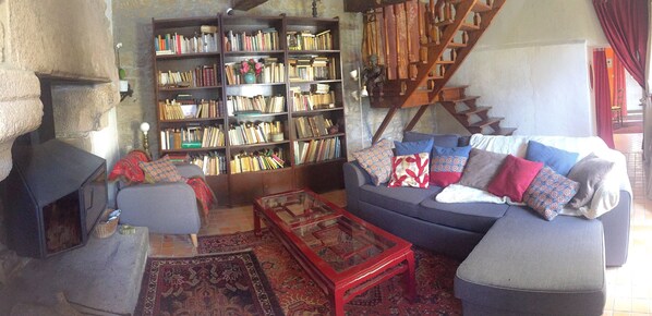 Fireplace, books