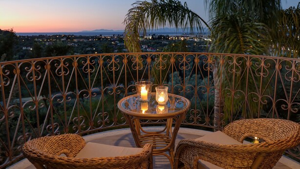 Un balcón con mobiliario de mimbre, dos velas y vistas a un paisaje urbano al atardecer.