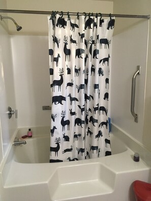 Ensemble baignoire-douche, séchoir à cheveux, serviettes fournies, savon