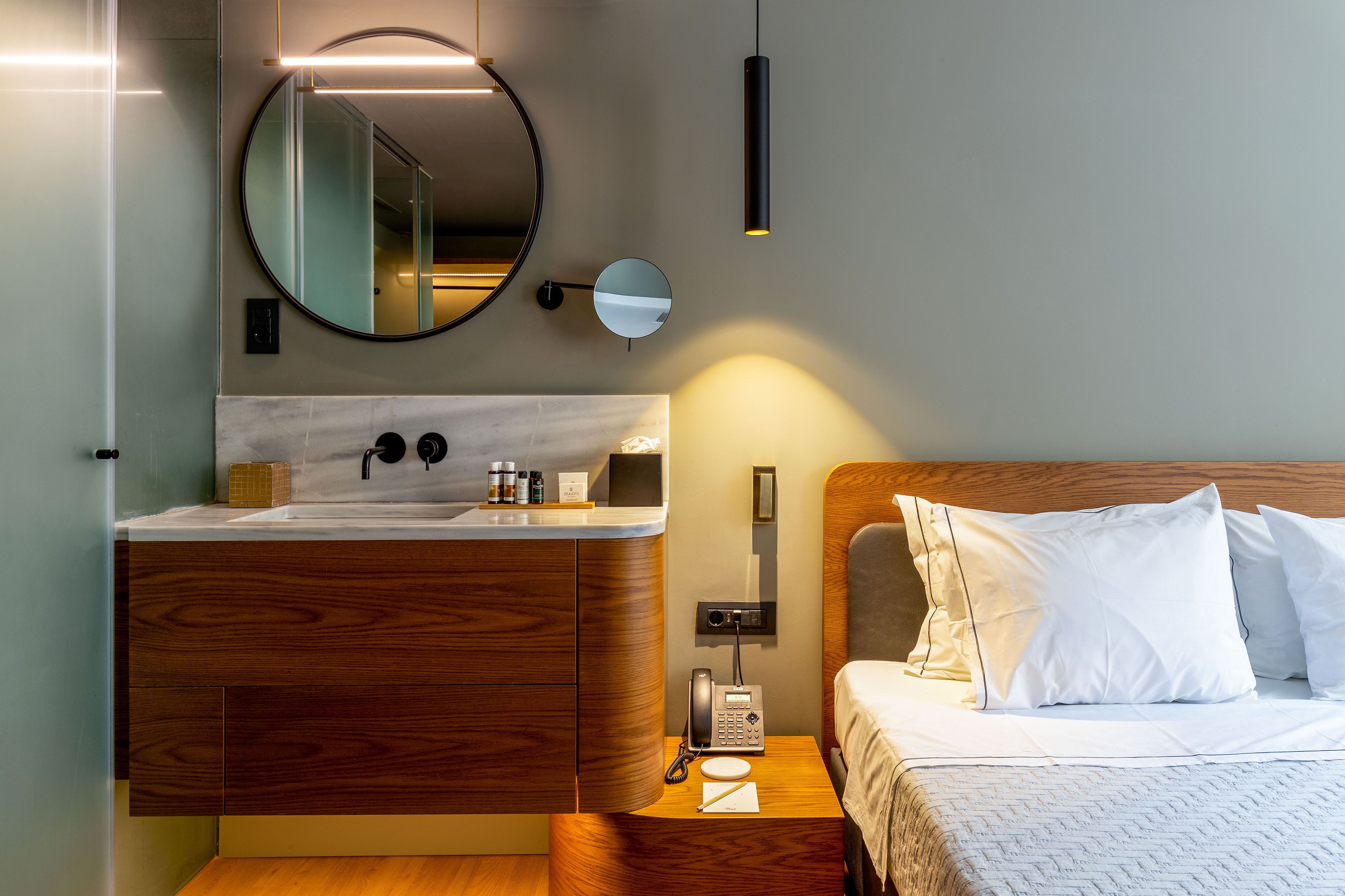 desk, laptop workspace, blackout curtains, iron/ironing board