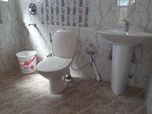 Shower, designer toiletries, hair dryer, bathrobes