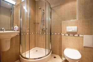 Shower, hair dryer, bidet, towels