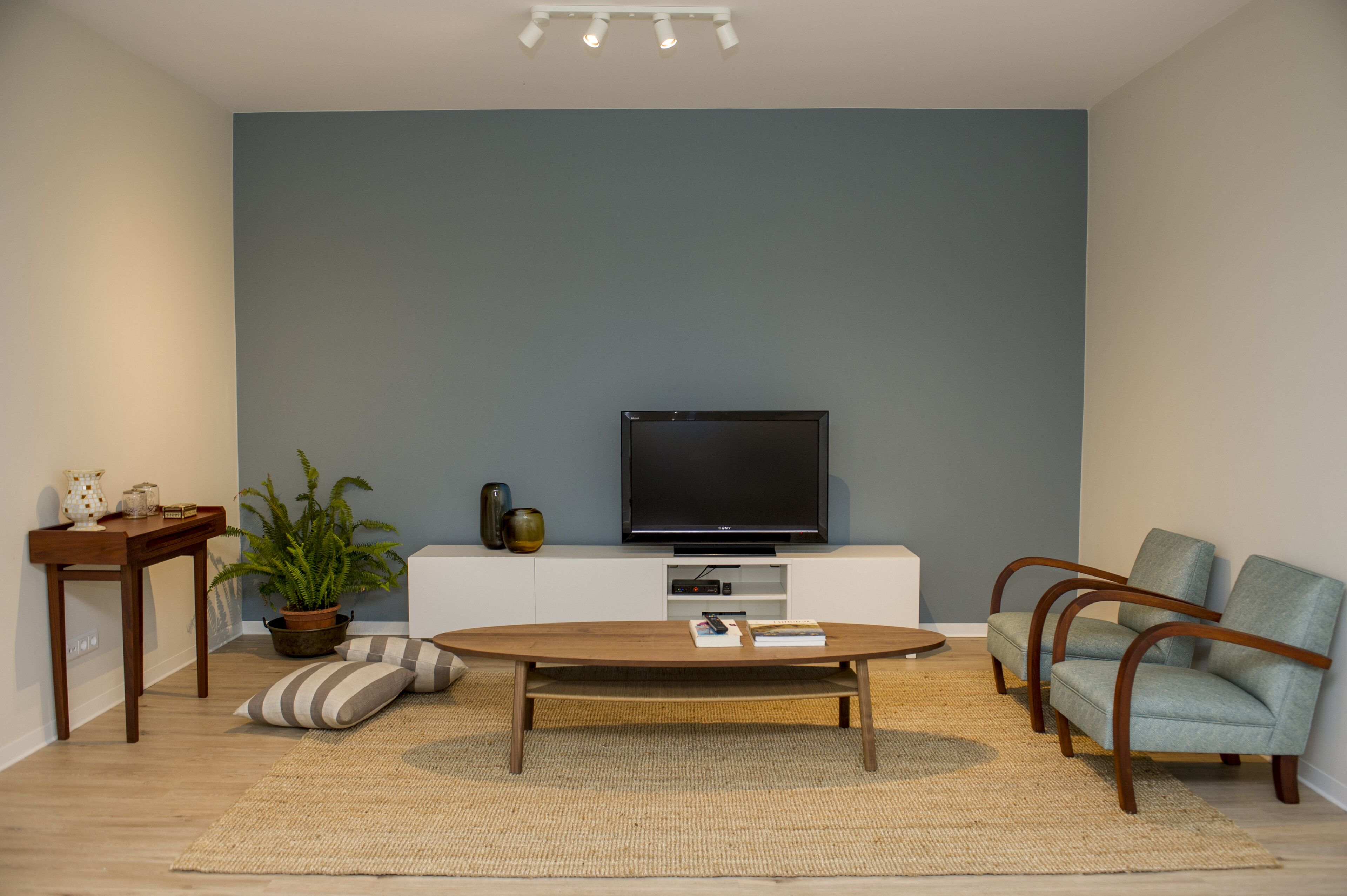 A modern living room with a flat-screen TV on a white entertainment unit, a wooden coffee table, two armchairs, a small side table, and a potted plant.