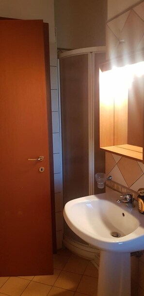 A bathroom with a white sink, a mirror, and a shower stall. - Masseria Frangiosa (Torrecuso)