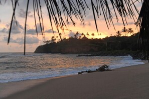 Une plage avec des vagues, des palmiers et un coucher de soleil.