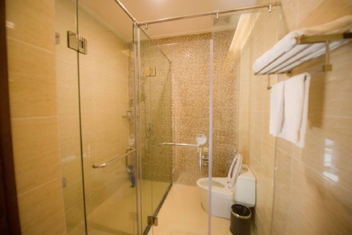 A glass-enclosed shower stall with a toilet and a towel rack.