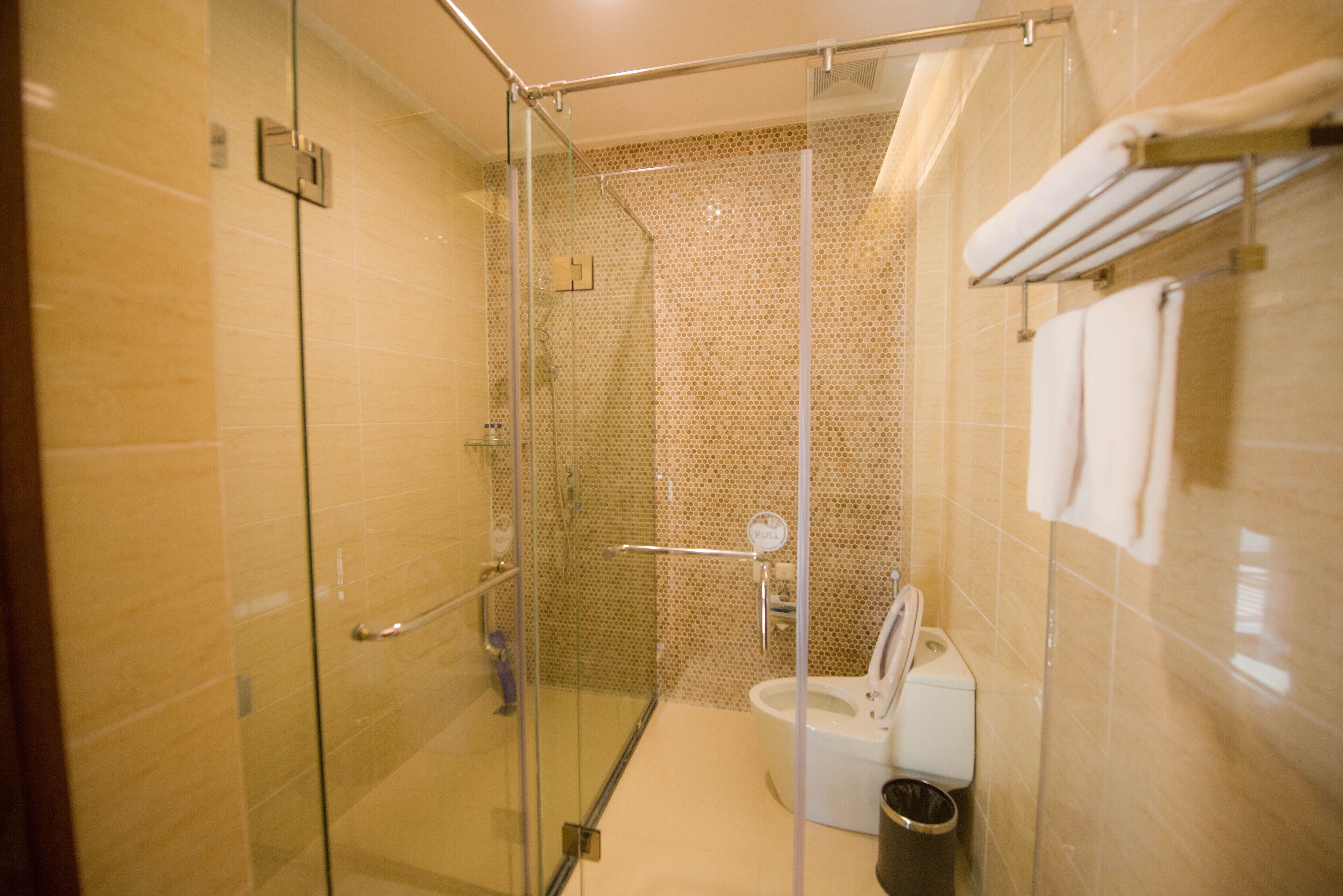 A modern bathroom with a glass-enclosed shower, a toilet, and a towel rack.