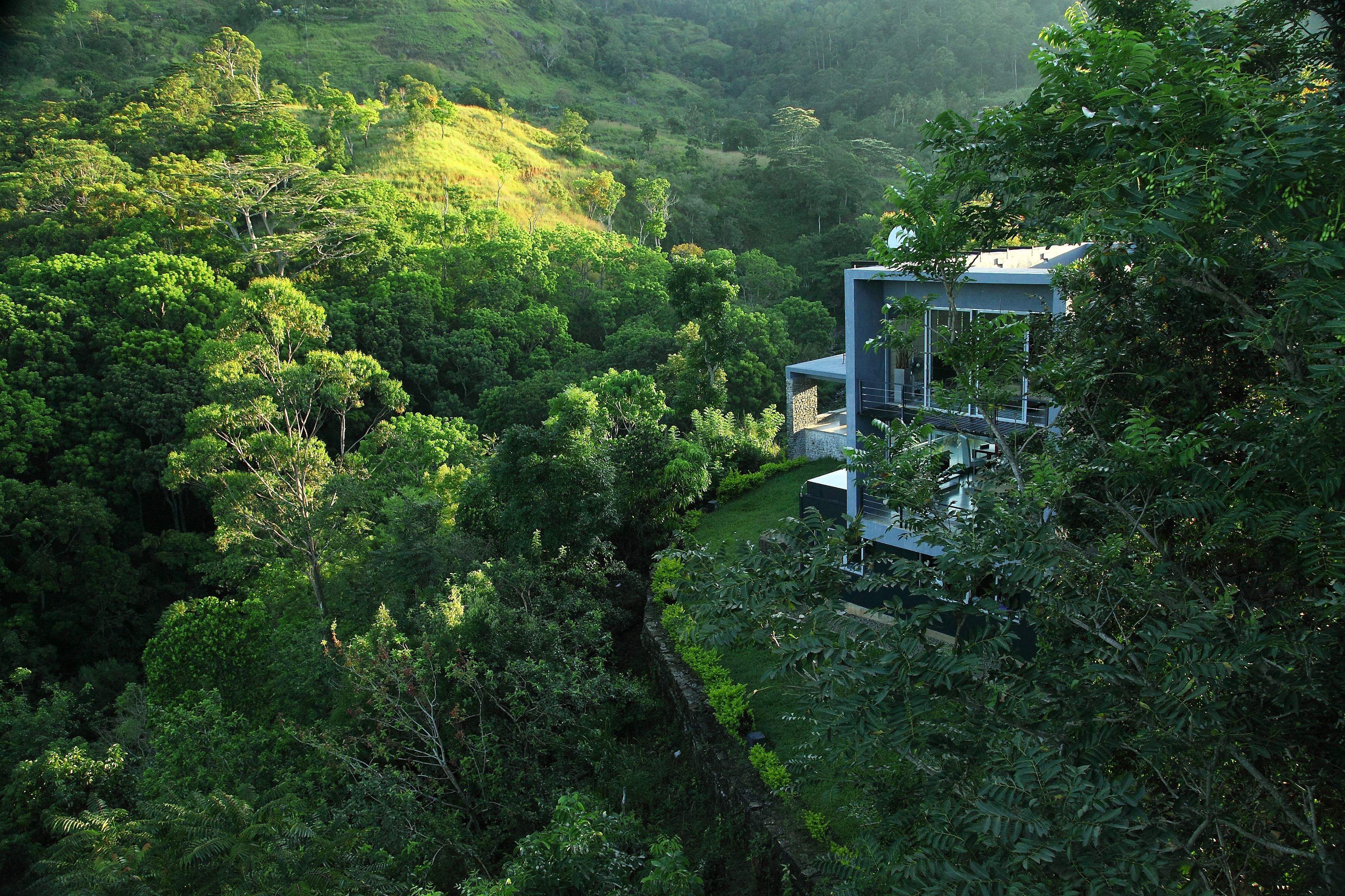 Um edifício moderno inserido em vegetação verde densa, com vista clara da paisagem exuberante ao redor.