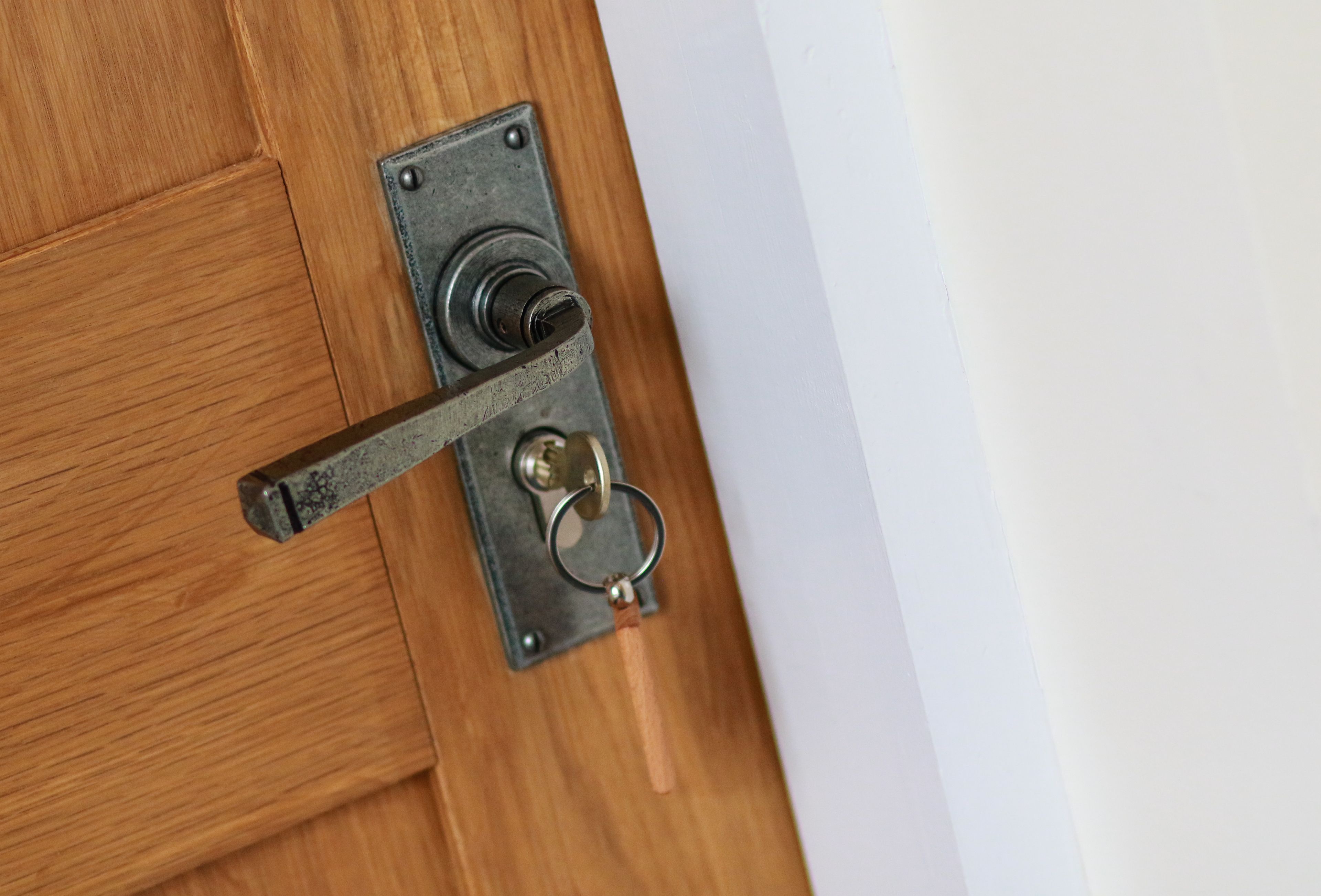 A door with a metal handle and keyhole, mounted on a wooden door frame.