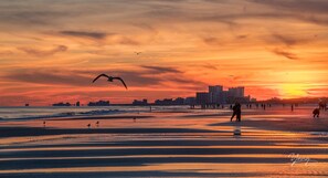 A beach scene with a sunset, people walking, and a city skyline in the background. - Beautiful 4-BR, 3-Bath House- minutes to the Beach with onsite EV Charger (Myrtle Beach)