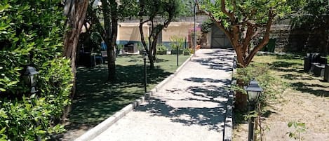Un sentier bordé d’arbres et de bancs, situé dans une cour.