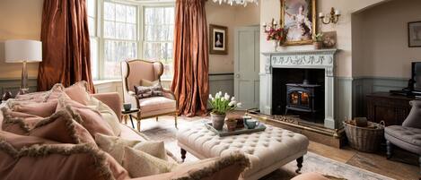 Smart TV, chimenea, reproductor de DVD y libros