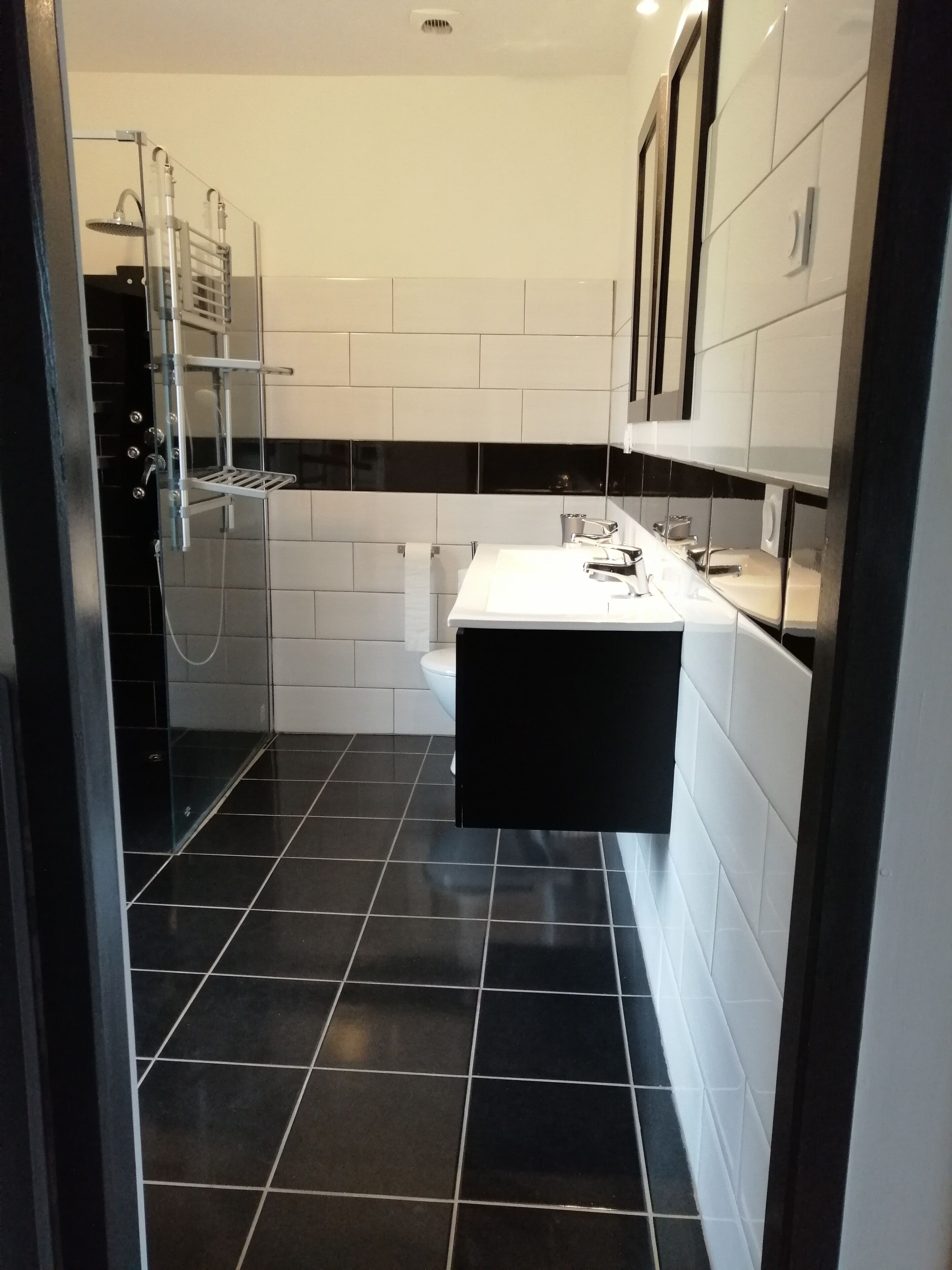 Een haardroger, handdoeken, toiletpapier