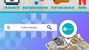 A 4k smart TV, high-speed internet, 24hr self check-in, and Netflix. It also displays a search bar for 'Tudors eSuites' with a map of the hotel layout. - Tudors eSuites Birmingham Apartments Jewellery Quarter (Birmingham)