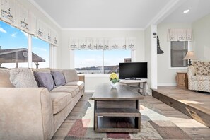 Téléviseur, foyer, lecteur de DVD, livres