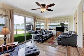 TV, fireplace, DVD player, books