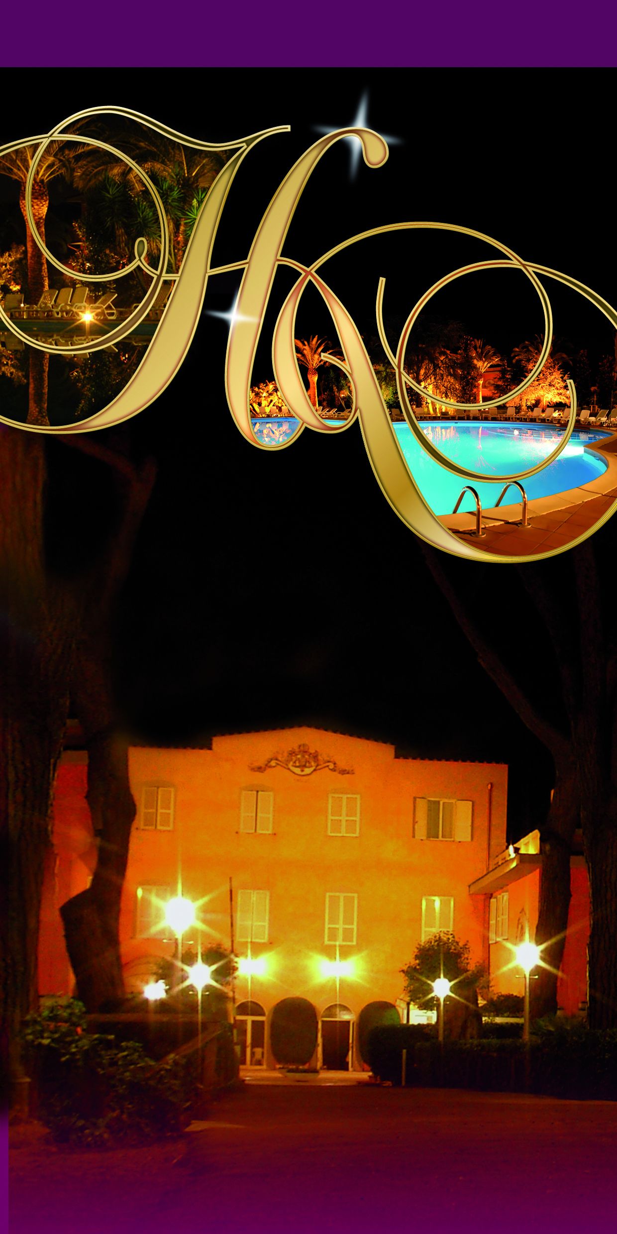 A nighttime view of a building with a swimming pool, illuminated by street lamps.