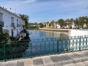 A riverside view with a white building, a green metal fence, and a calm water body.