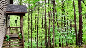 A wooden deck with steps leading to a porch, surrounded by a forest. - MOUNTAIN HOME--GOLD STAR WINNER!--A peaceful place to breathe in, breathe out... (Hot Springs Village)