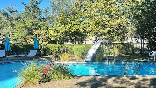 Une piscine avec un toboggan, entourée de pelouse et d’arbres.