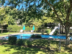 A swimming pool with lounge chairs and umbrellas, surrounded by trees and a fence. - House by the Bay with Large In-ground Pool, Steps from Beach (East Marion)