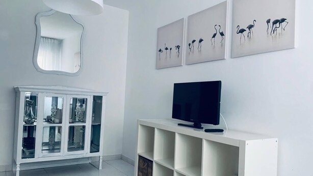A modern living room with a white entertainment unit, a flat-screen TV, and wall art depicting birds. - BEAUTIFUL APARTMENT IN PORTOSIN (porto do son)