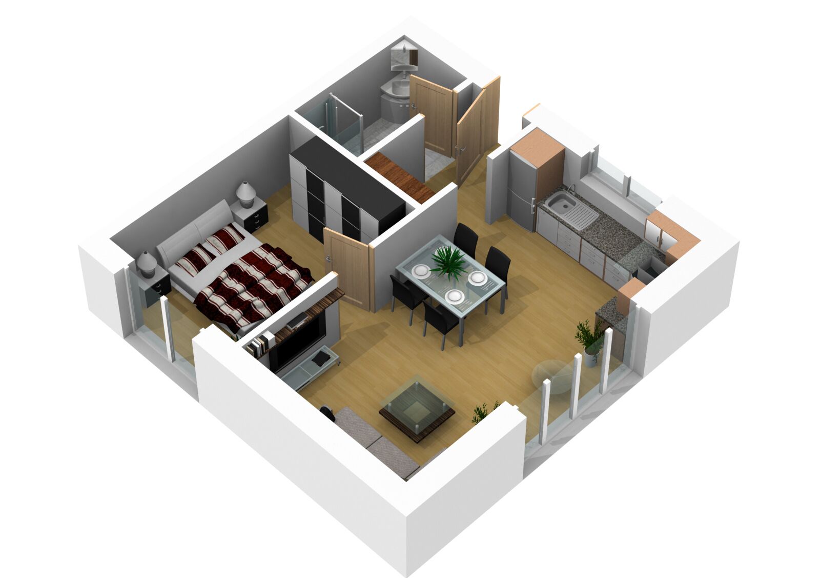 Een 3D-plattegrond van een modern appartement met een woonkamer, eethoek, keuken en een kleine badkamer.