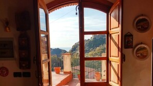 An open wooden door leading to a balcony with steps and potted plants.