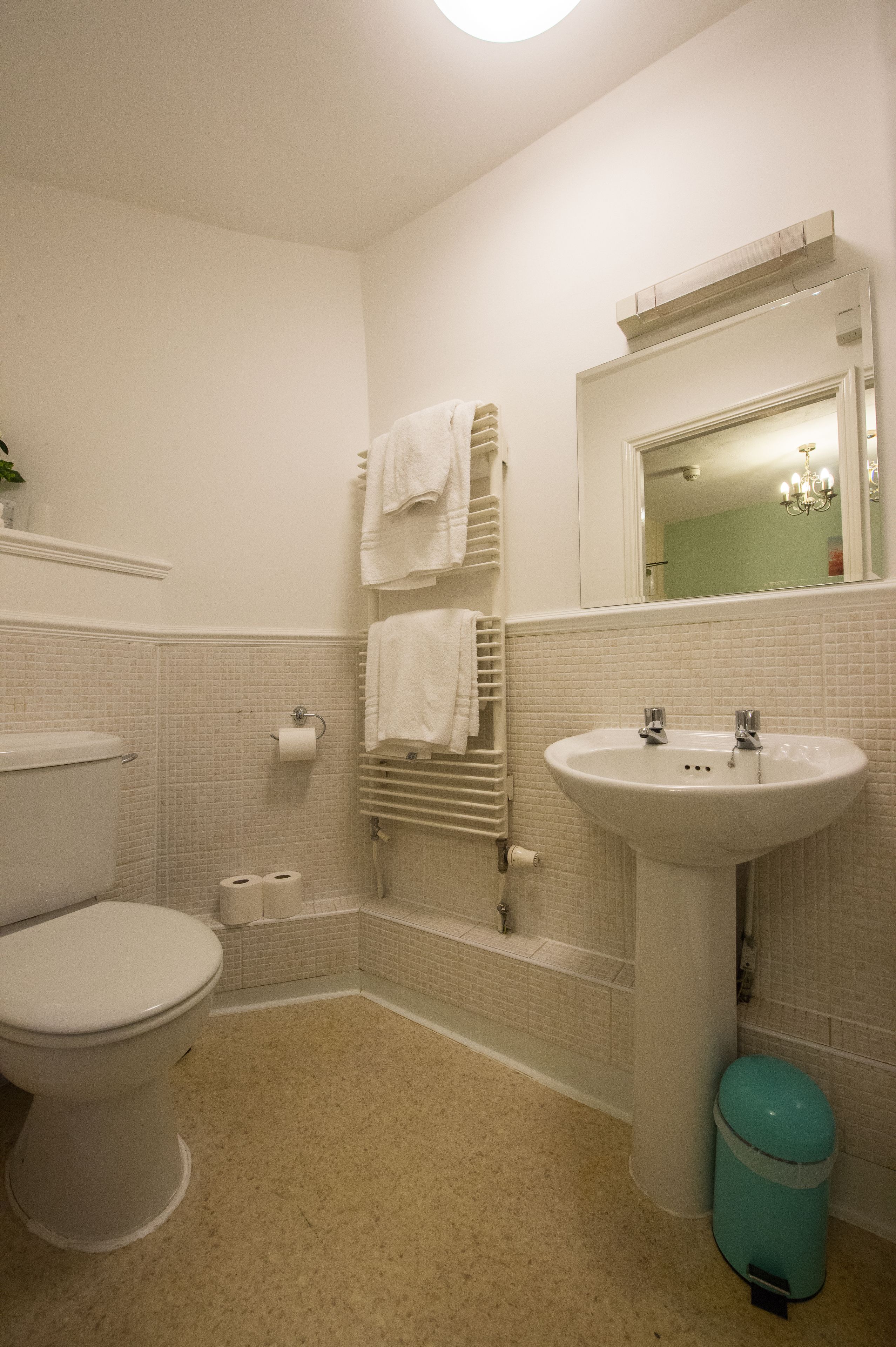 A bathroom with a toilet, sink, towel rack, and a trash bin.