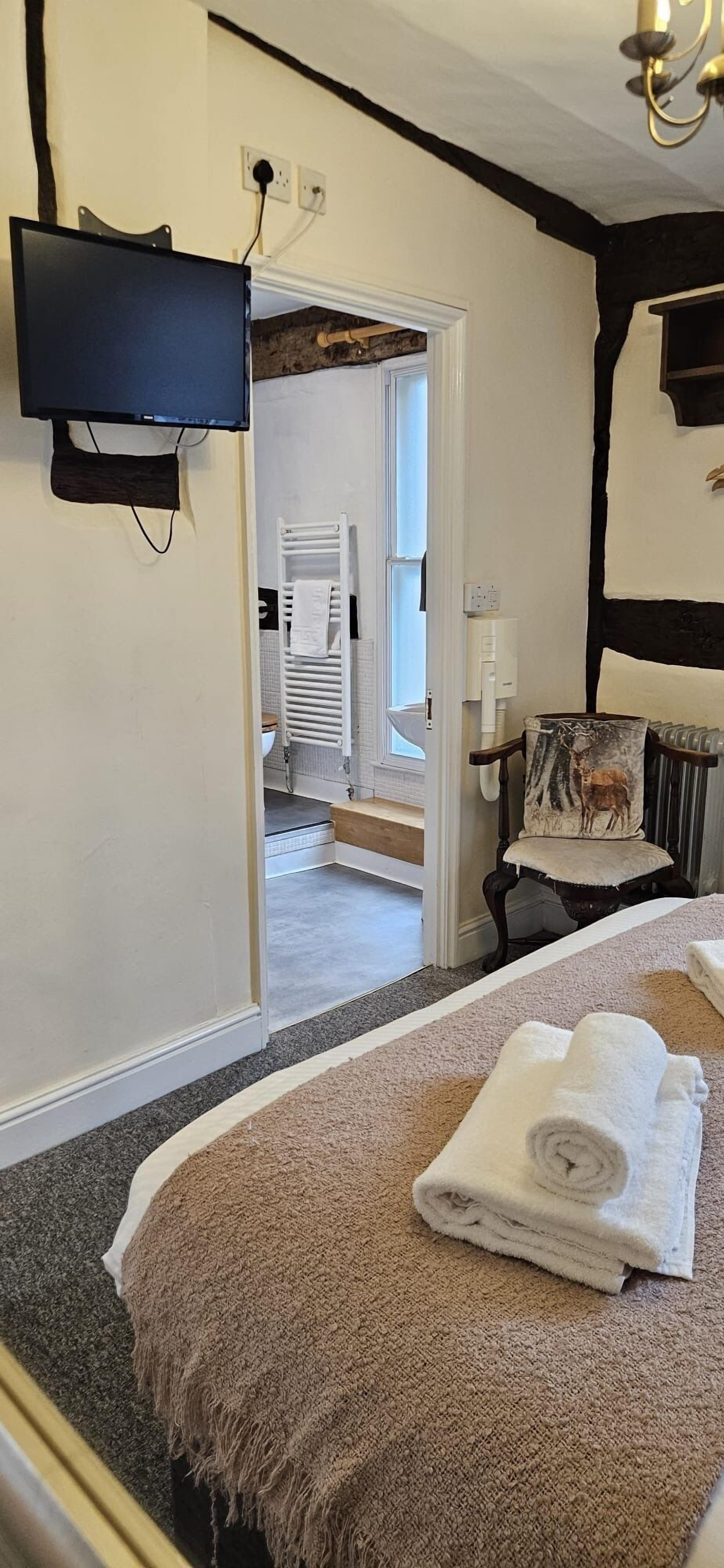Una camera da letto con un letto, una TV a muro, una poltrona con un cuscino decorato con una stampa di cervo e vista sul bagno.