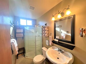 Shower, hair dryer, towels