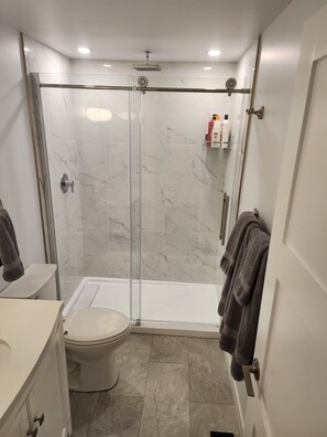 Shower, hair dryer, towels, soap