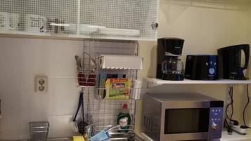 Fridge, microwave, coffee/tea maker, toaster