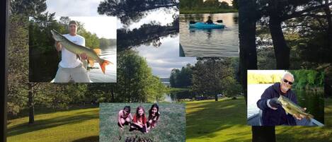 Un collage de escenas al aire libre que incluye a una persona sosteniendo un pez, un kayakista y un grupo de personas en un parque.