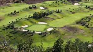 En golfbana med flera bunkrar och träd.