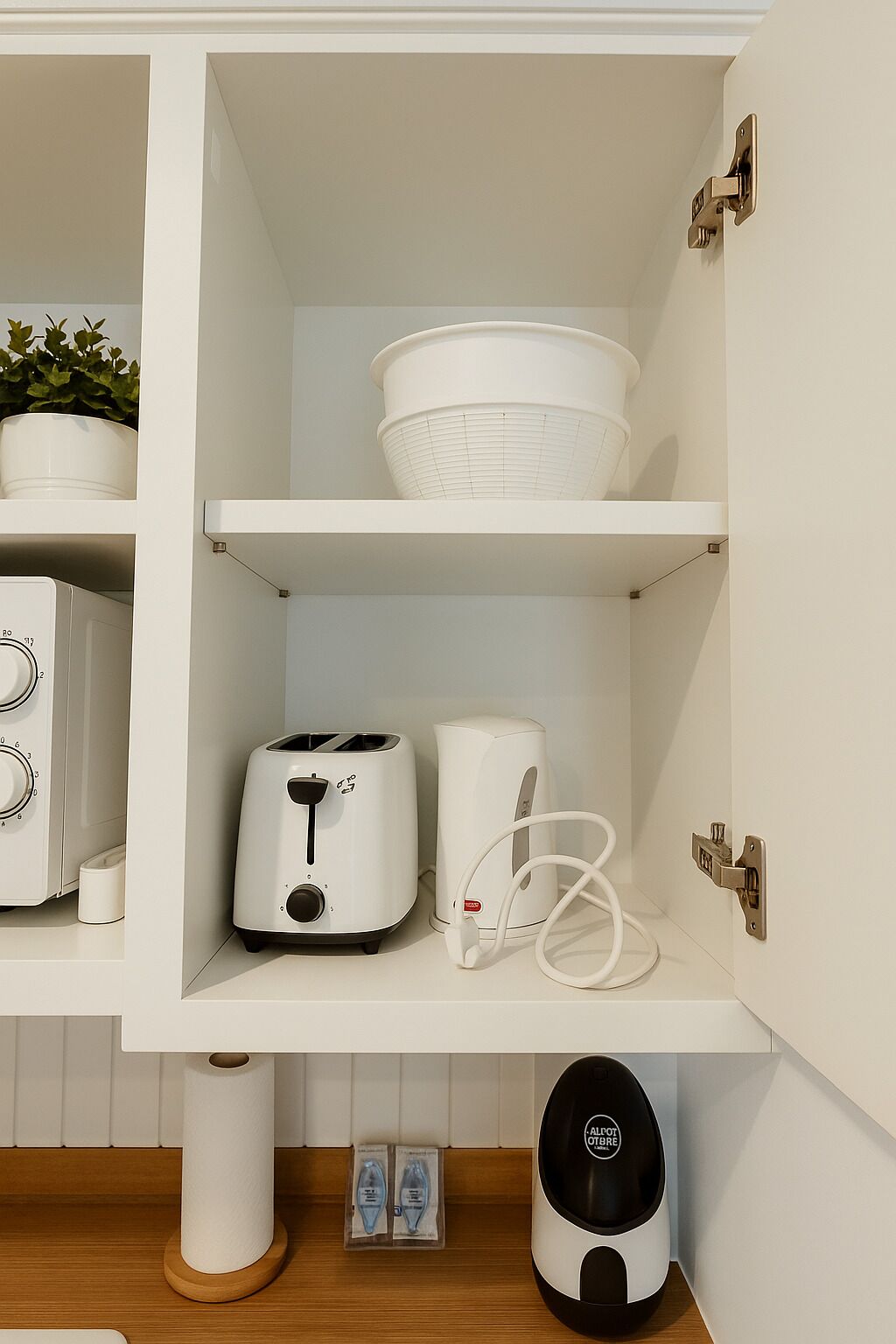 Une cuisine avec des meubles blancs, un grille-pain, une bouilloire et une machine à café.
