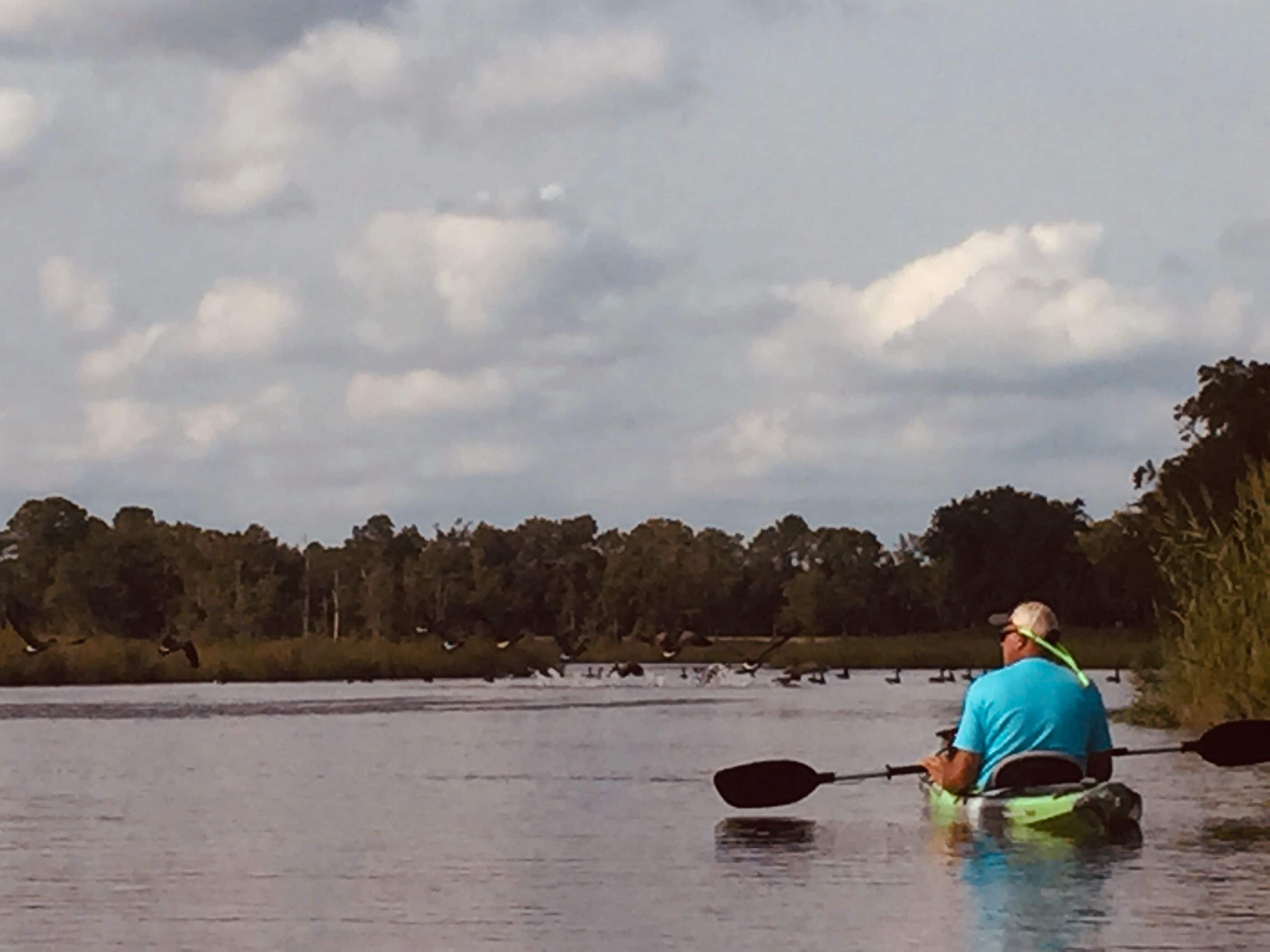 A person kayaking on a calm body of water with trees in the background.