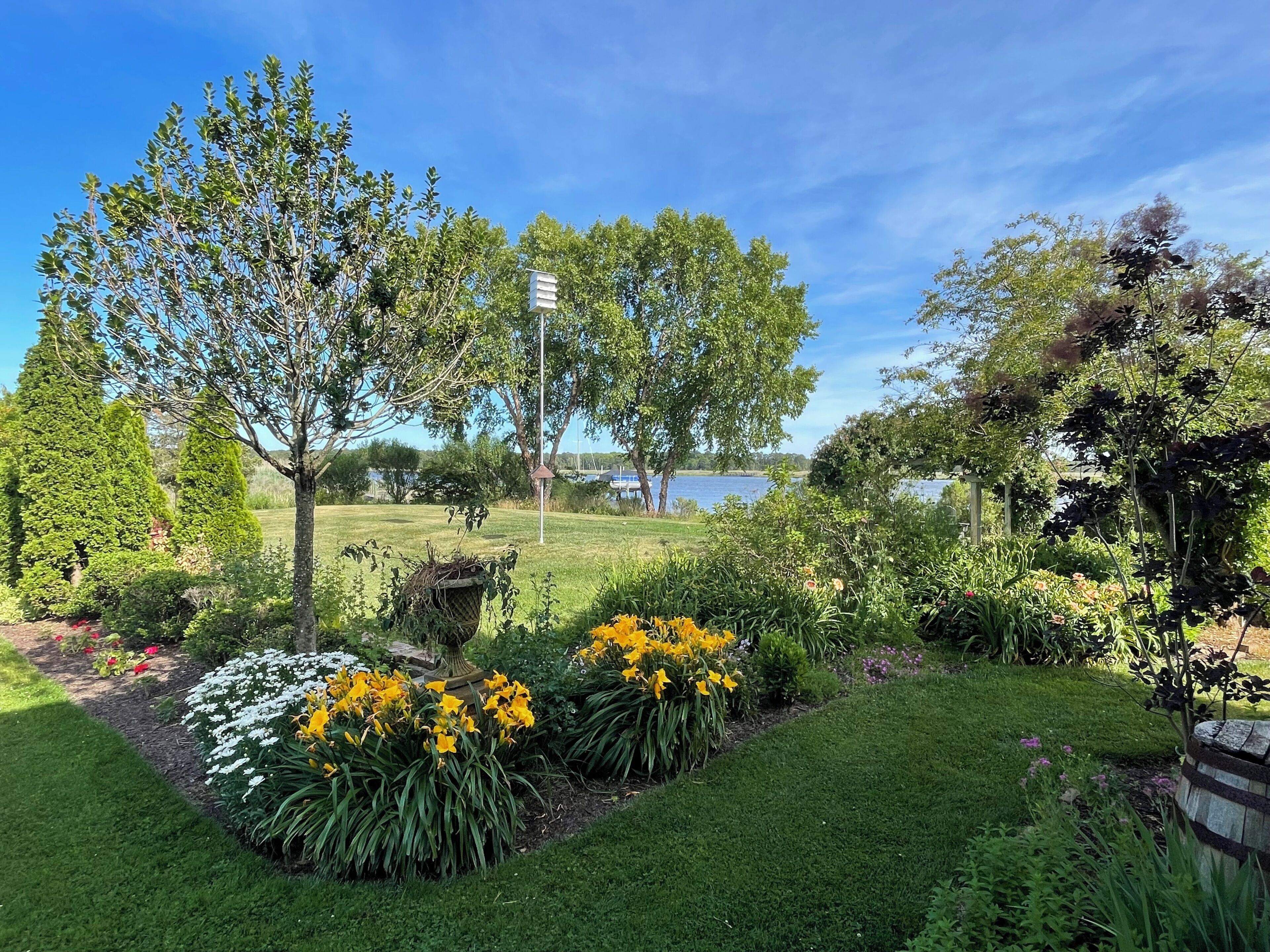 A garden with various plants and flowers, a lawn, and a body of water in the background.