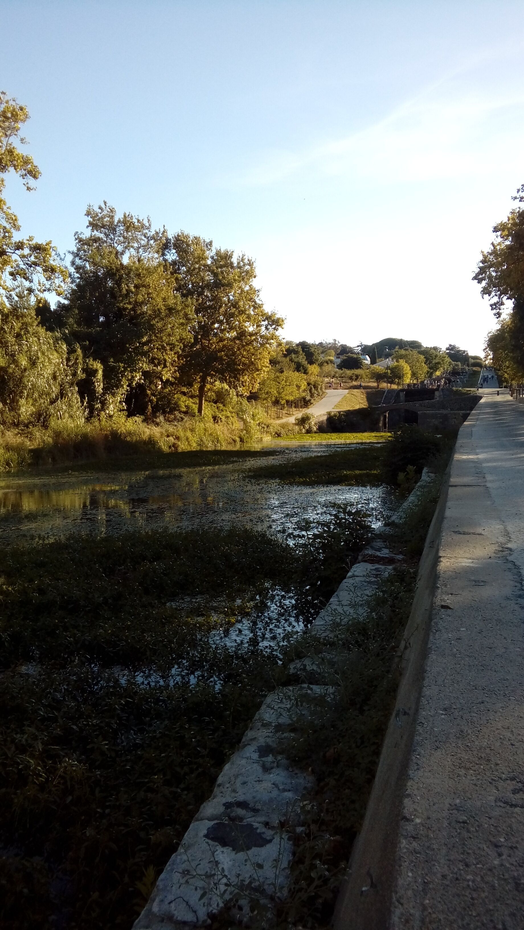 Un canal con un paseo pavimentado a su lado.